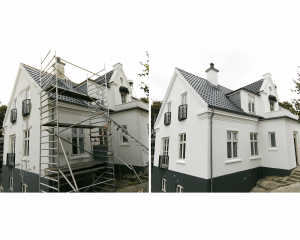 Facademaling af hvidt toplanshus med sort tag