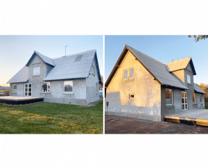 Netpudsning i Nordjylland af hus fra før og efter behandling