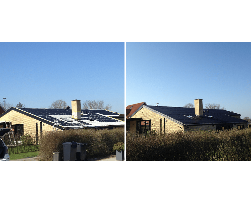 Før og efter billeder af tagmaling på murstenshus
