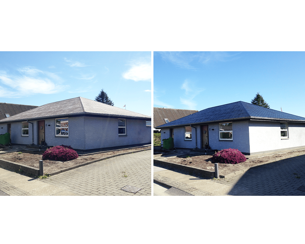 Før og efter tagmaling af nybyggede hus