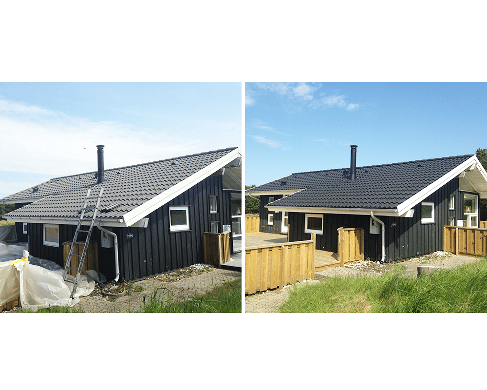 Før og efter tagmaling af sort hus med have