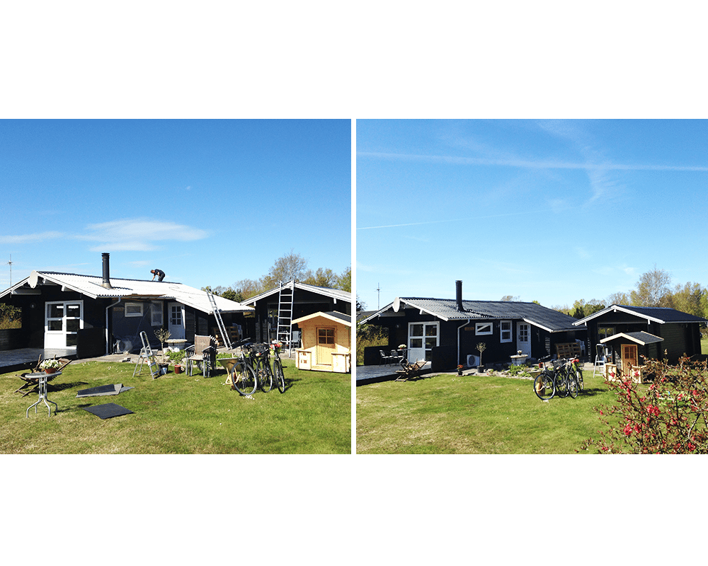 Tagmaling af sort hus før og efter